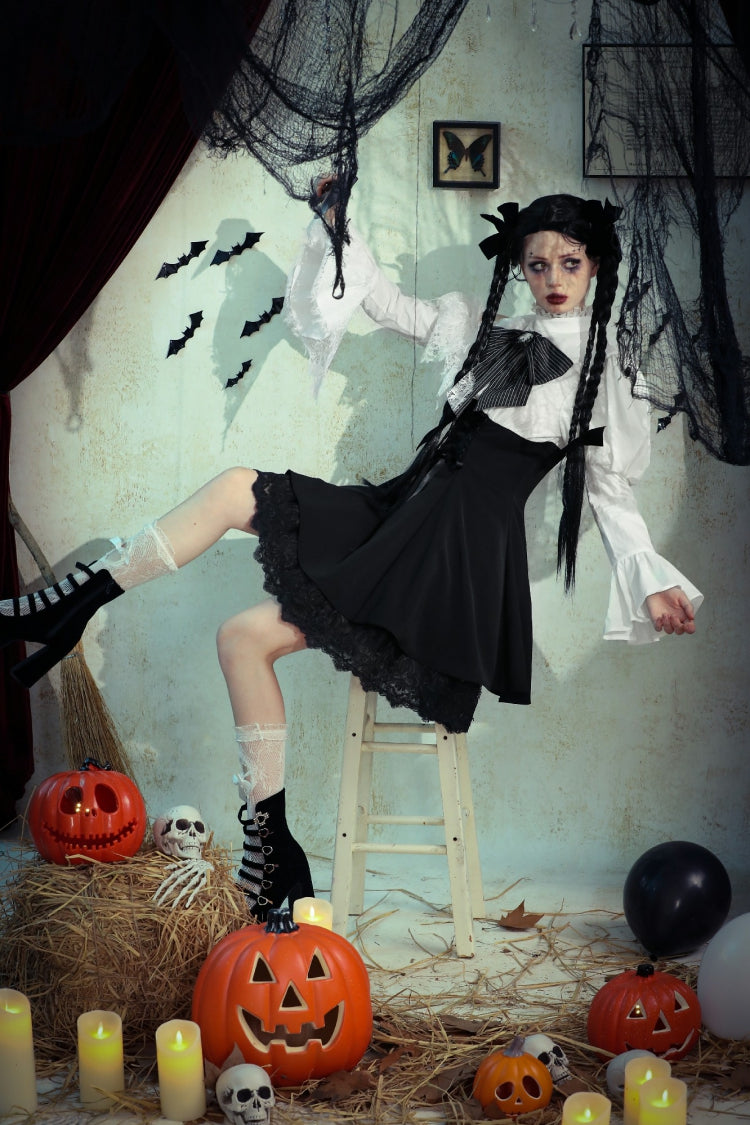 Lace High Collar Asymmetric Long Trumpet Puff Sleeves Bowknot Gothic Short Dress