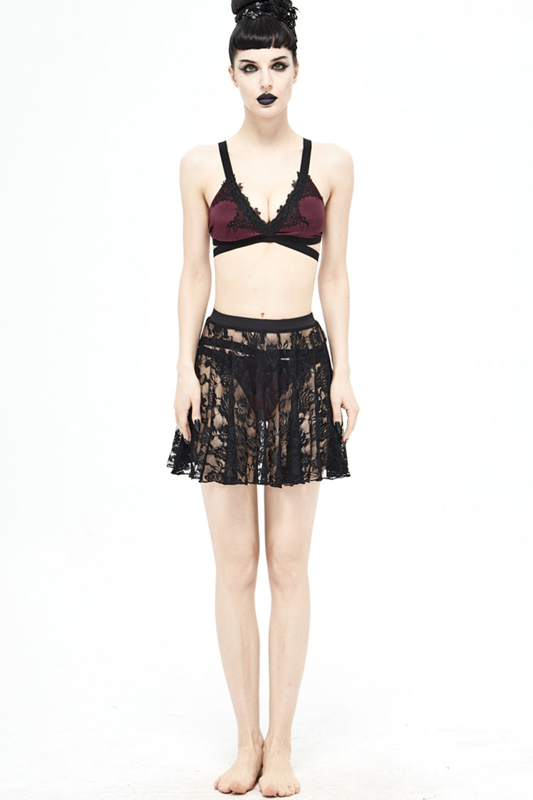 Gothic Rose Mesh Black Lace A-Line Swimsuit Skirt Beachwear