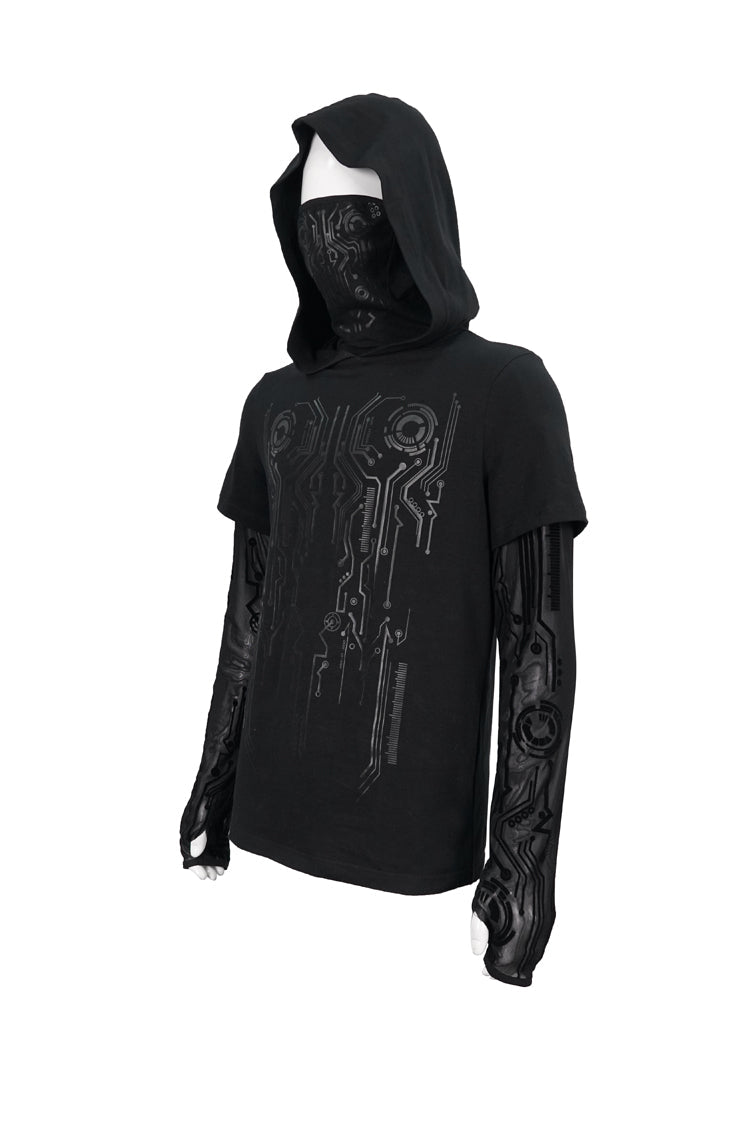 Mesh Paneled Hooded T-Shirt with Circuit Print for Men