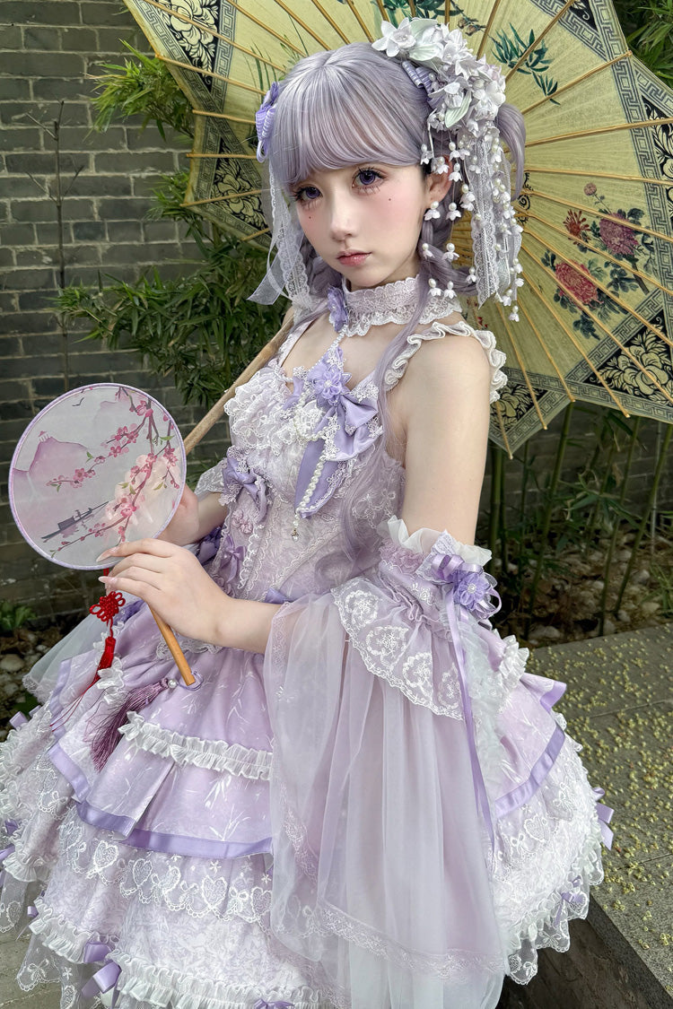Violet Cherry Prelude Square Collar Sleeveless Jacquard Ruffled Bow Pearl Lace JSK