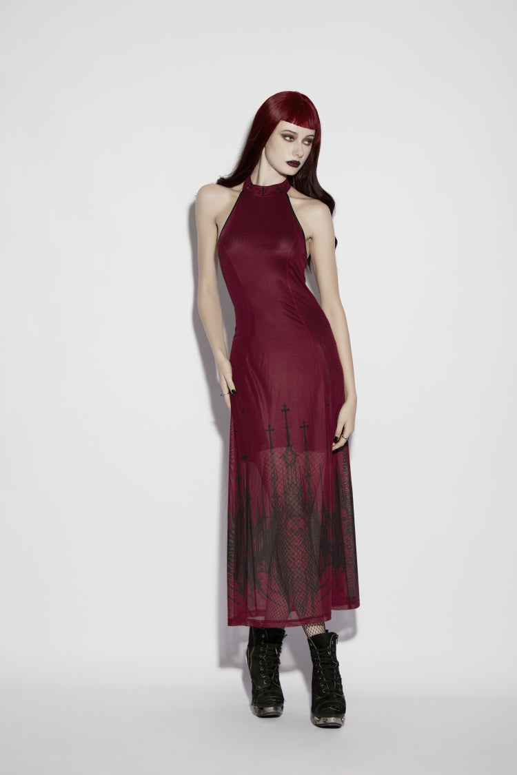 Red Halterneck Sleeveless Double-Layer Church Skull Printed Lace-Up Slim Gothic Dress