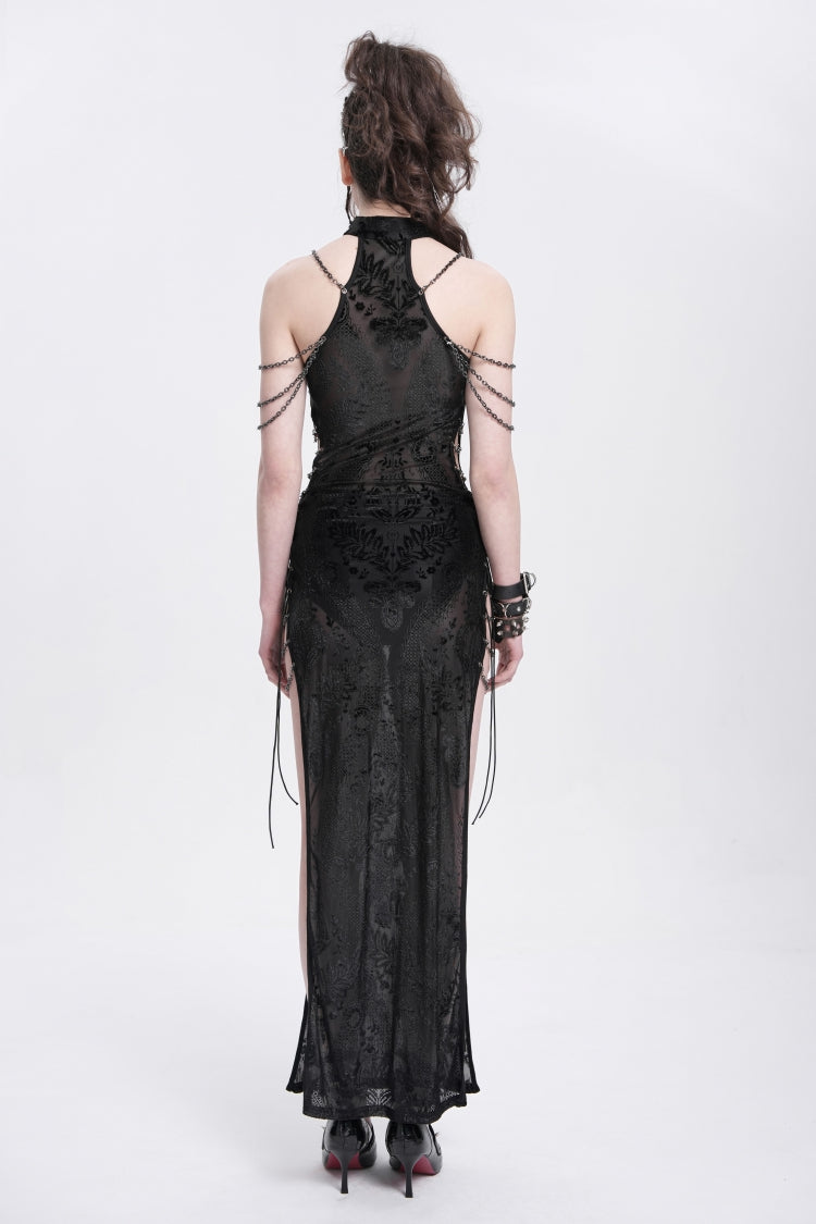 Stylish Black Cheongsam Collar Side Slit Embroidered Sleeveless Halter Gothic Dress
