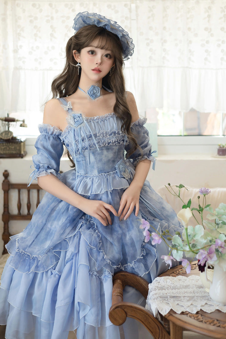 Goodnight Camellia Sleeveless Ombre Multi-Tiered Printed Ruffled Lace Fishbone Sweet Lolita Jumper Dress Three Colors