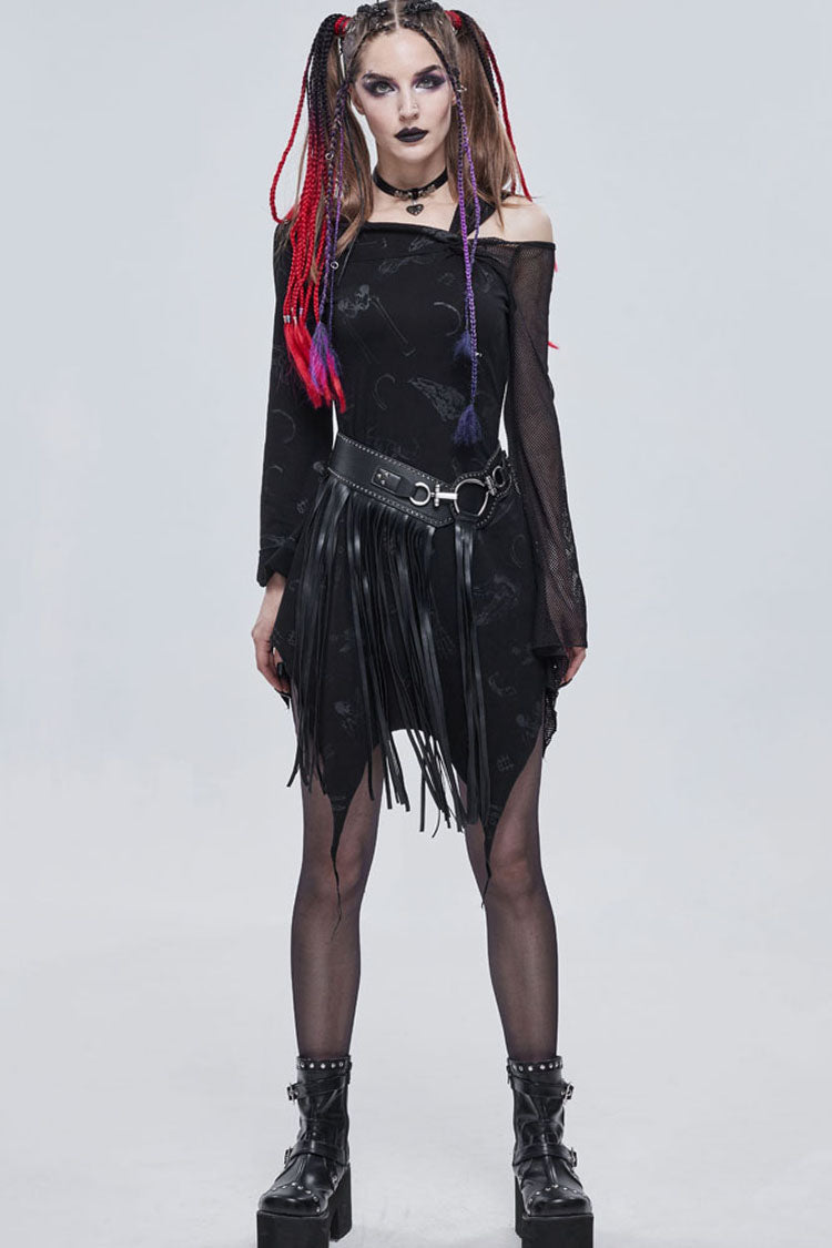 Off-Shoulder Graphic Print Asymmetric Mesh Gothic Dress