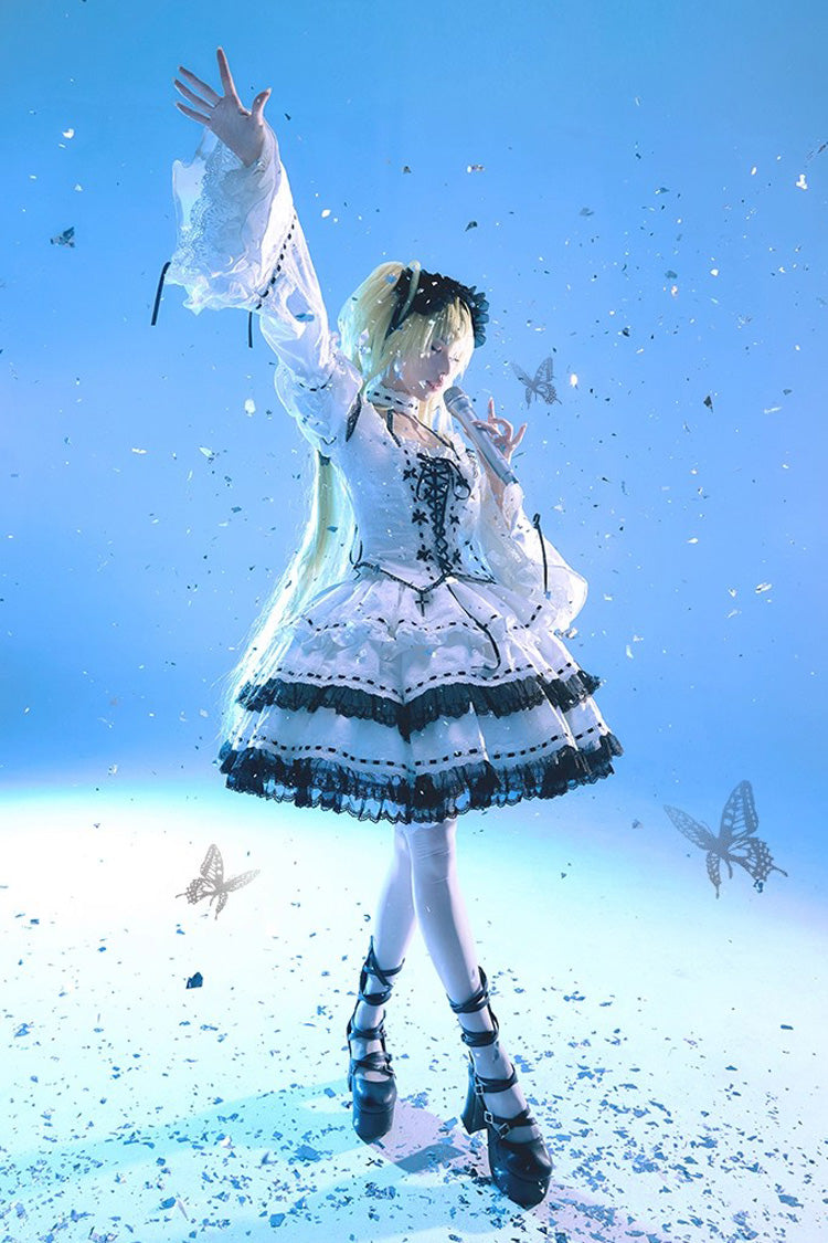 White Long Trumpet Sleeve Double-Layered Ruffled Bow Lace-Up Gothic Skirt Set