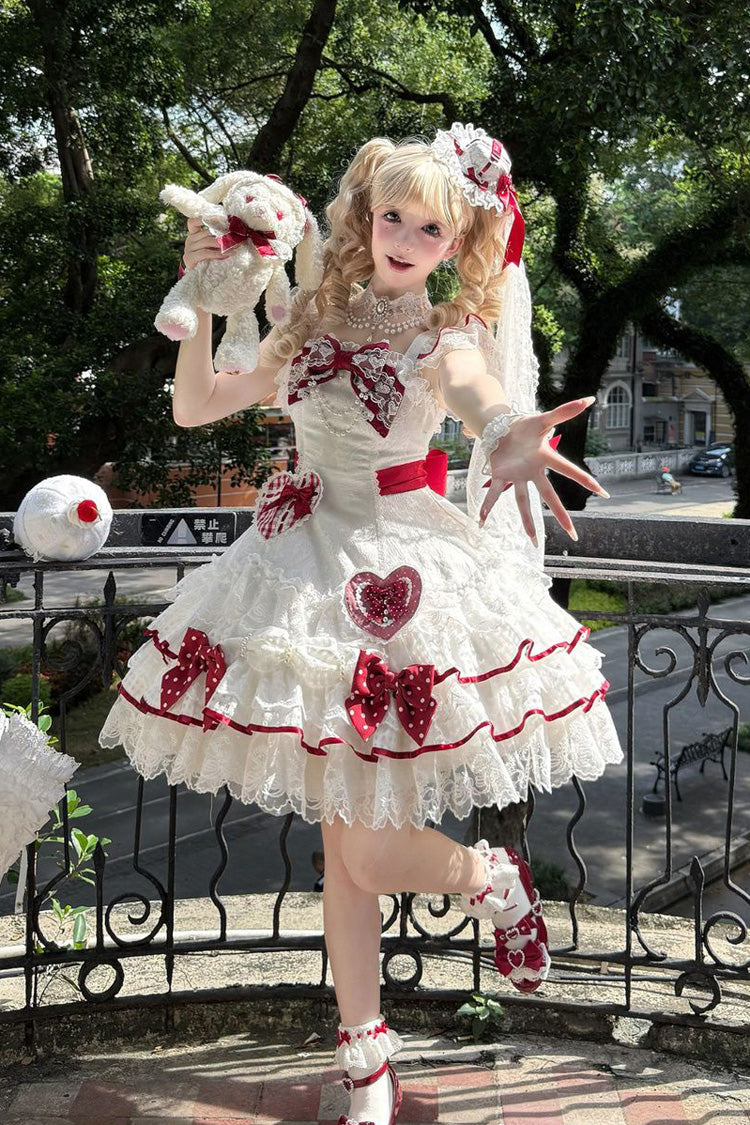 Ivory Polka Dot Love Letter Sleeveless Double Bow Pearl Accent Lolita JSK