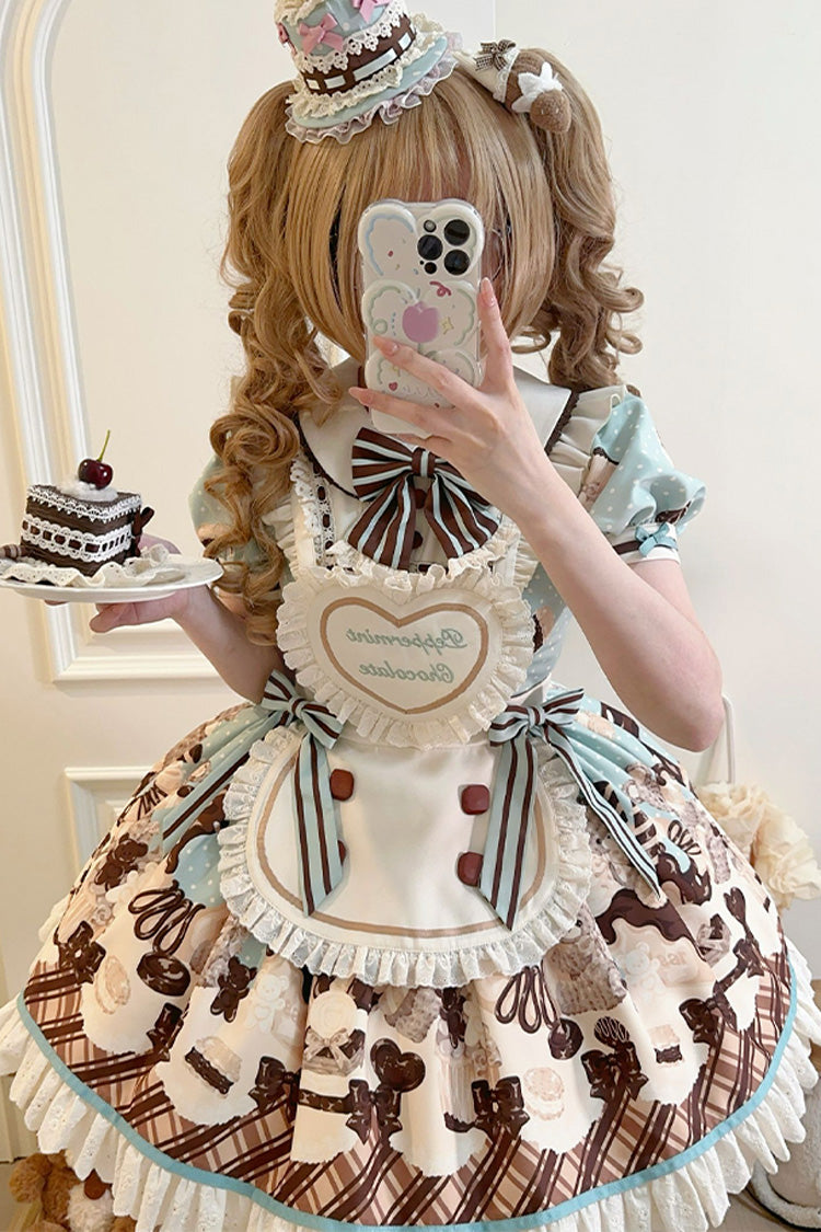 Brown Chocolate Cake Bear Print Ruffled Bow Lace-Up Sweet Dress - Peppermint Chocolate