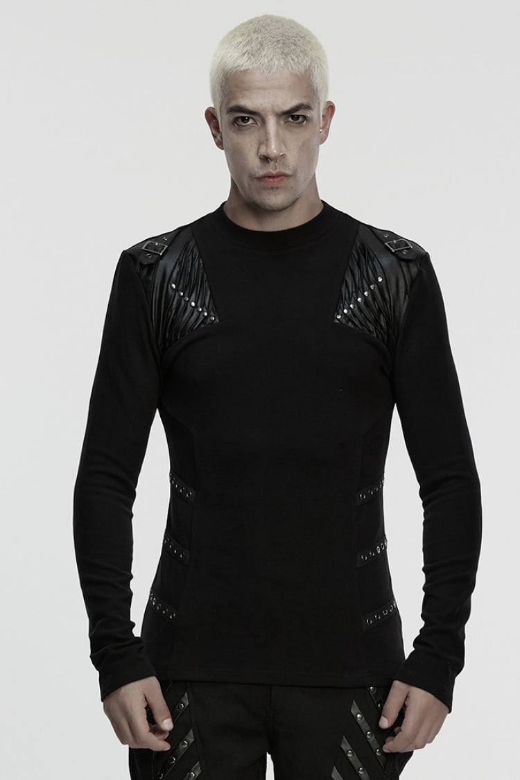 Shadow Crewneck Long-Sleeve Buckled Strappy Pleated Eyelet Punk Top for Men