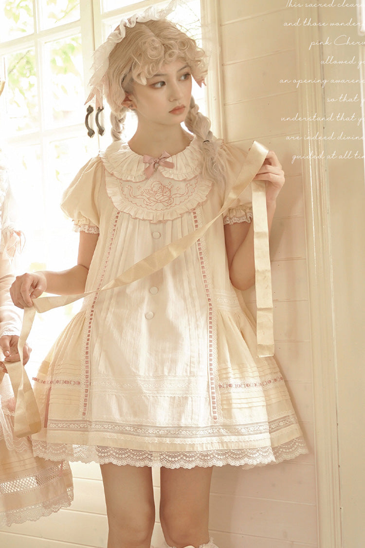 Angel Print Lace Dress with Doll Collar and Bowknot