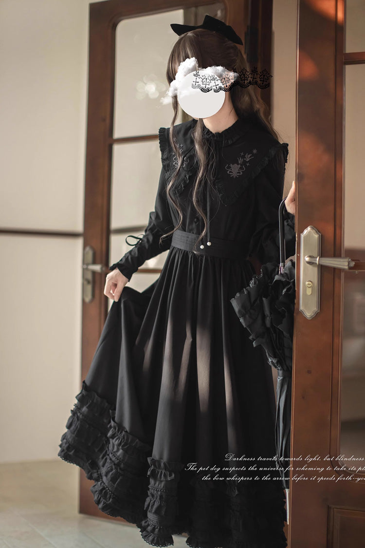 Black Long Sleeve Embroidered Bow Gothic Vintage Dress - Wind Kissed Tulips