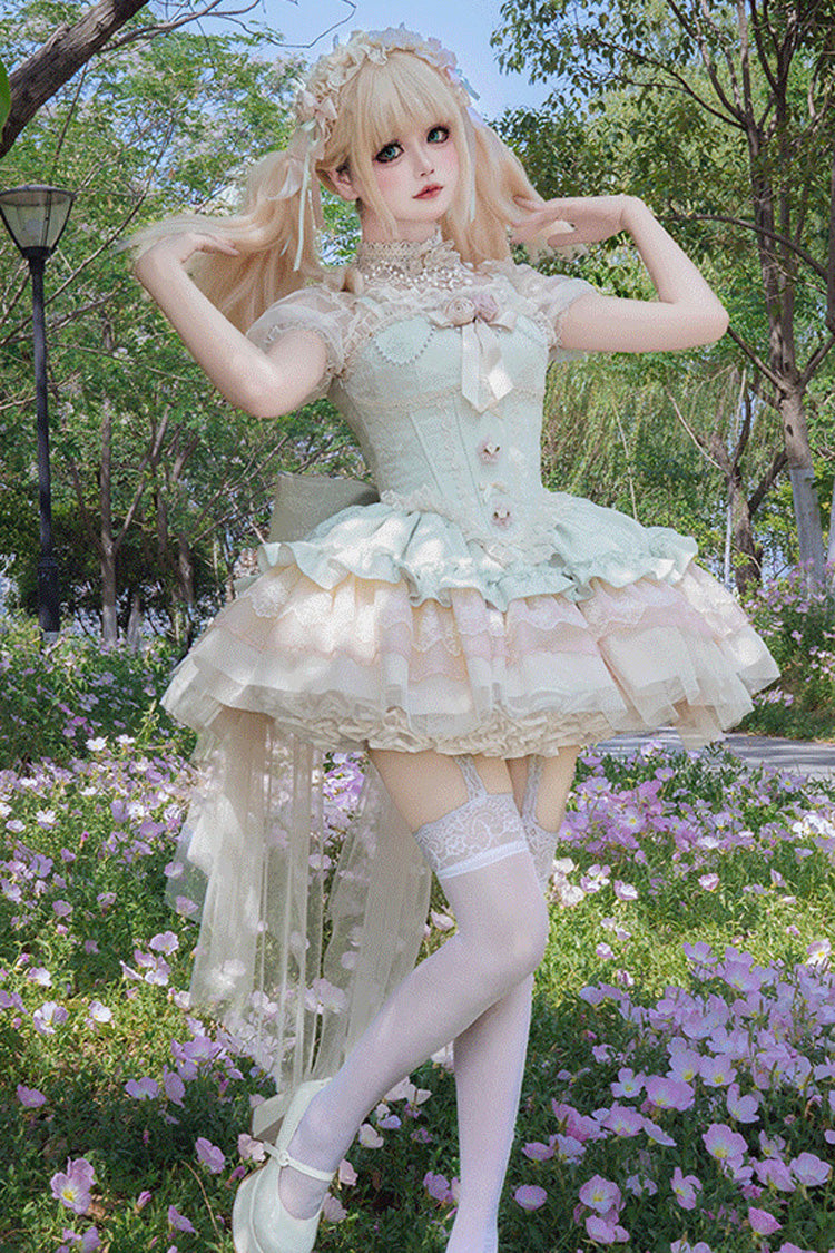 Sleeveless Multi-Layered Ruffle Bow Lace Lace-Up Princess JSK Dress in Green