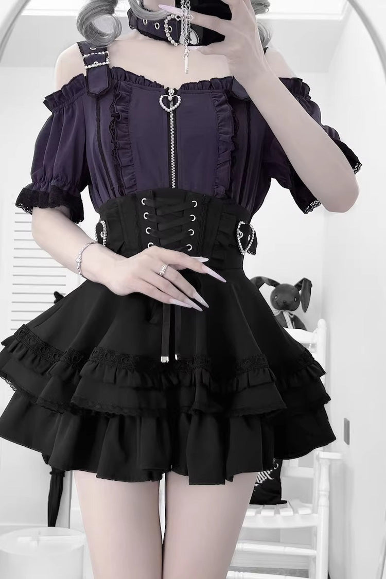 Stand Collar Sleeveless Ruffled Lace-Up Skirt and Blouse Set