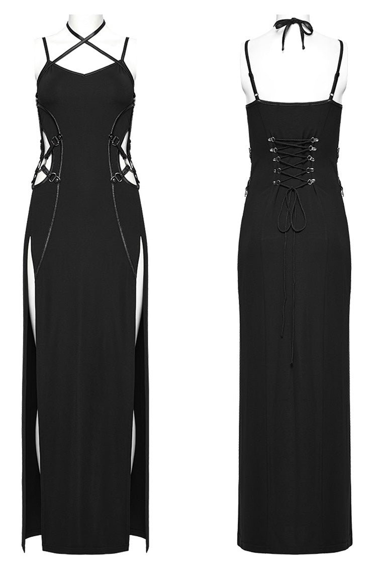 Fierce Black Lace-Up Ripped Side Slit Halter Punk Dress