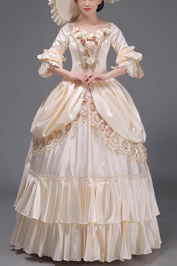 Champagne 3D Floral Multi-Layer Ruffled Victorian Dress - Sweet Vintage