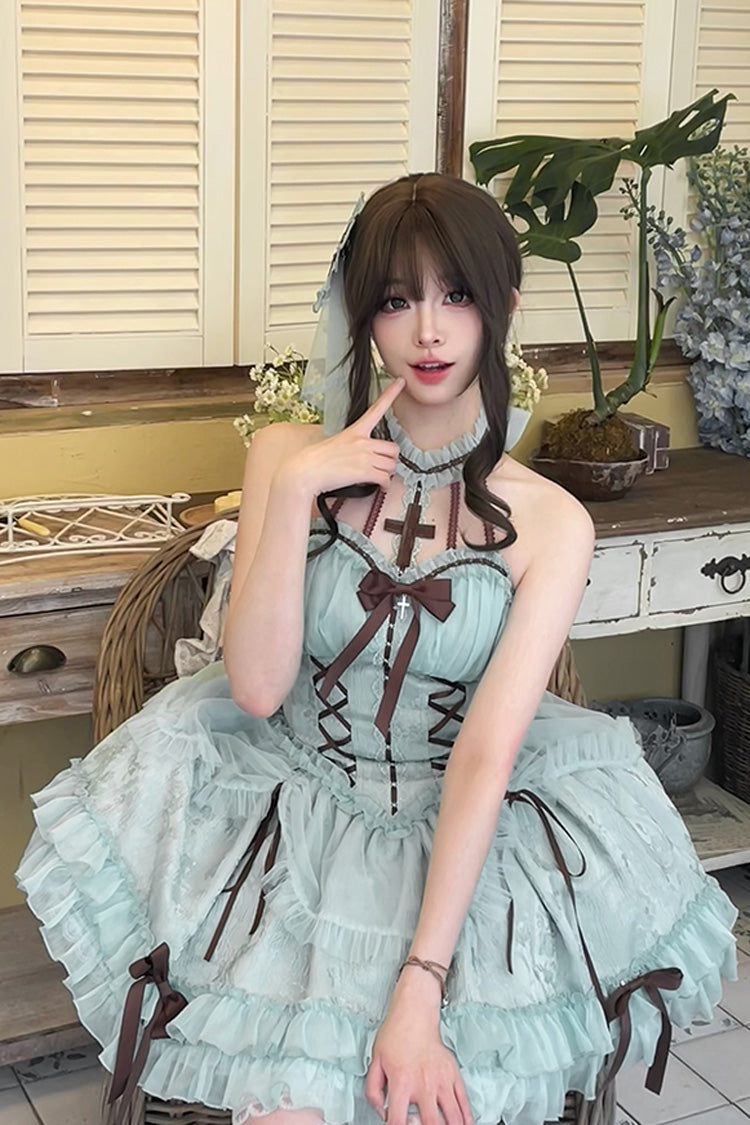 Mint Green Cross Halterneck Lace-Up Princess Sweet Lolita Dress - Ruffled Lace
