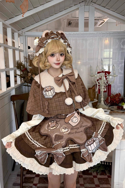 Brown Hot Cocoa Little Bear Sleeveless Print Ruffle Lace Sweet Lolita Jsk Dress