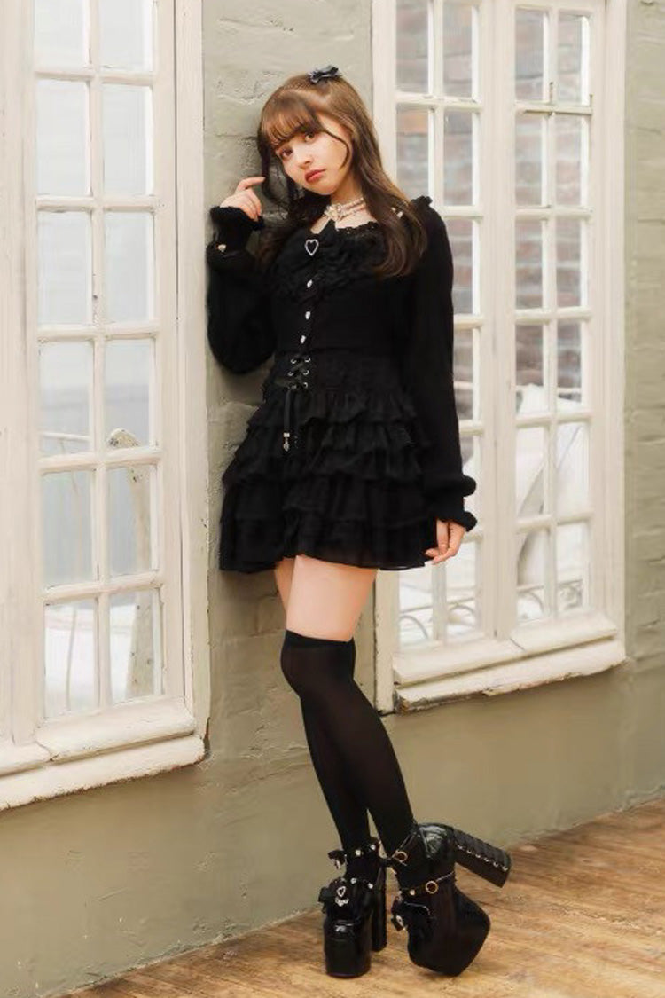 Multi Layered Ruffled Bow Print Long Sleeve Jirai Dress in Three Shades