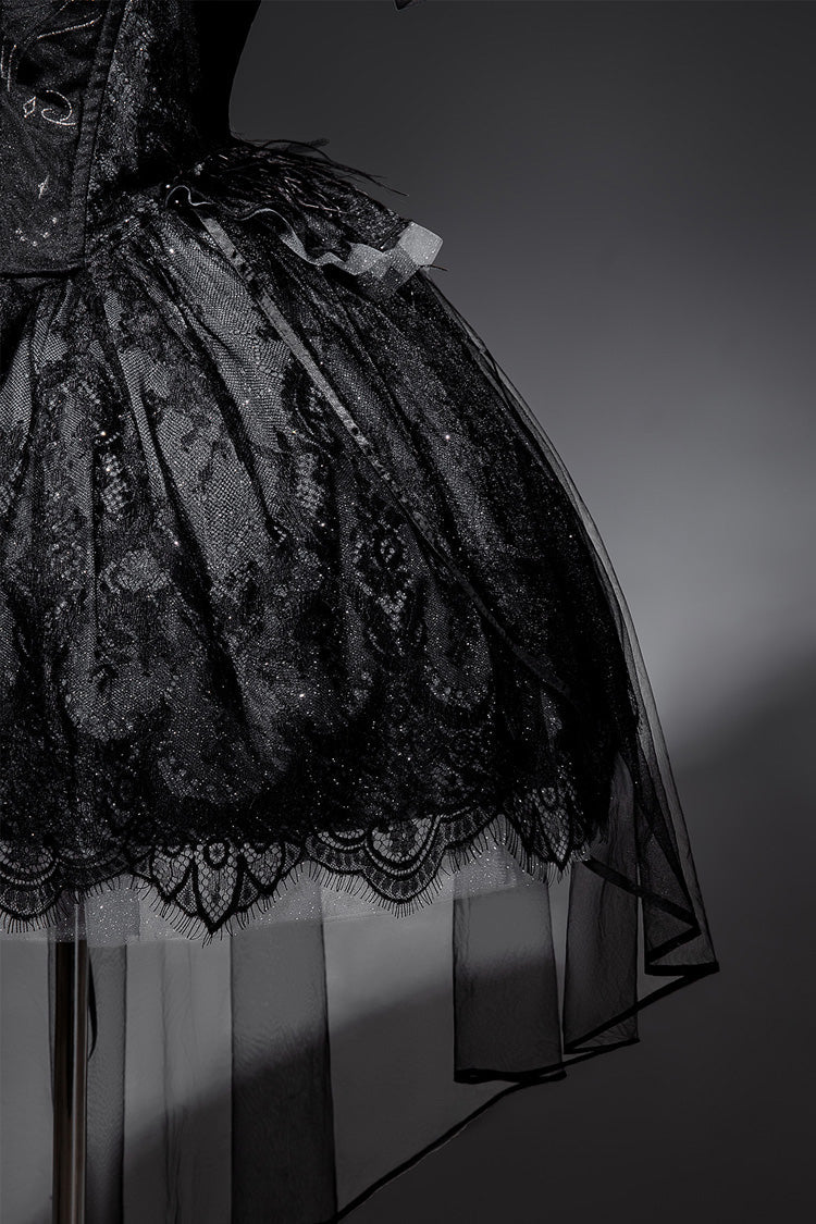 Star Swan Dream Ruffle Embroidery Bow Lace Gothic JSK Dress in Black