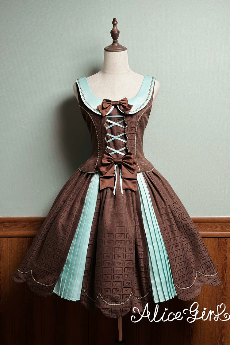 Brown Printed Embroidered Bow Lace-Up Classic JSK Dress & Skirt - Teddy Chocolate Bar