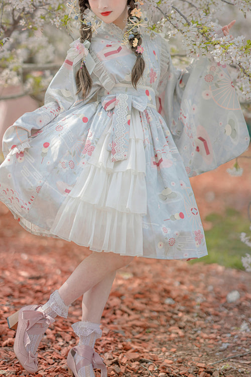 Cherry Blossom Print Trumpet Sleeve Ruffled Lace Sweet Lolita OP Dress
