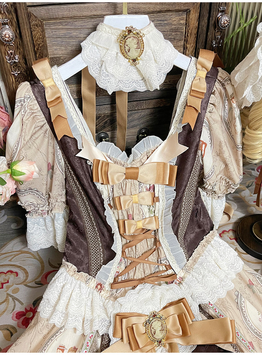 Baker Street Tea Party Short Sleeve High Waist Print Ruffle Embroidery Cardigan Bow Lace-Up Vintage Princess