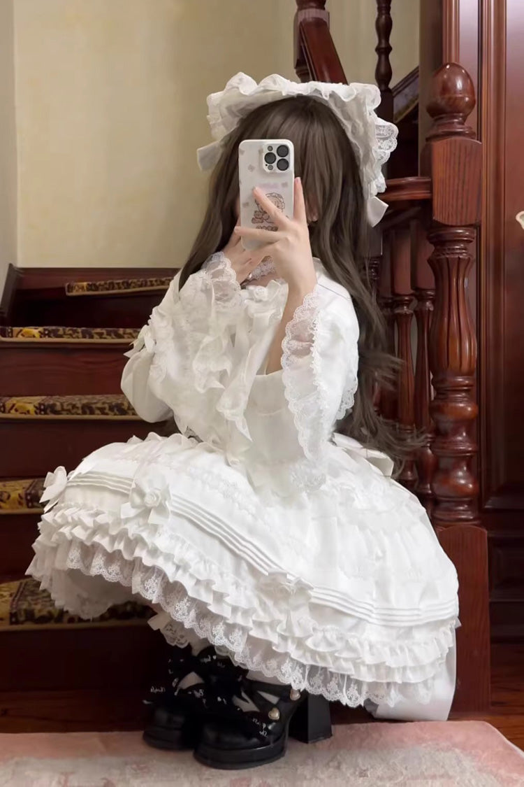 Ivory Layered Frosting Ruffle Bow Lace Sweet Dress
