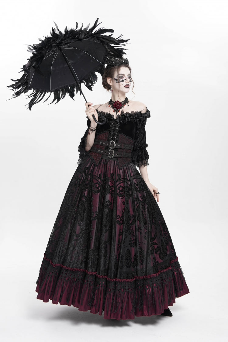 Scarlet Jacquard Embroidered Long Gothic Skirt with Buckle and Tassels