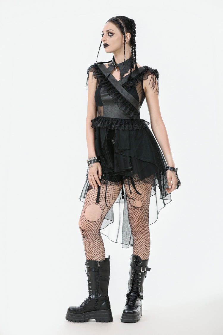 Layered Ruffled Sheer Mesh Punk Dress with V-Neck