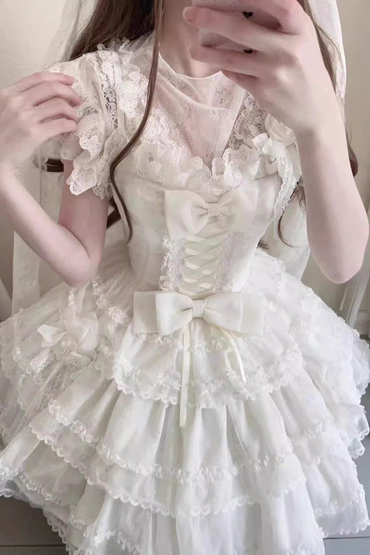 Ivory Moonlight Sleeveless Ruffle Bow Lace Sweet Lolita JSK