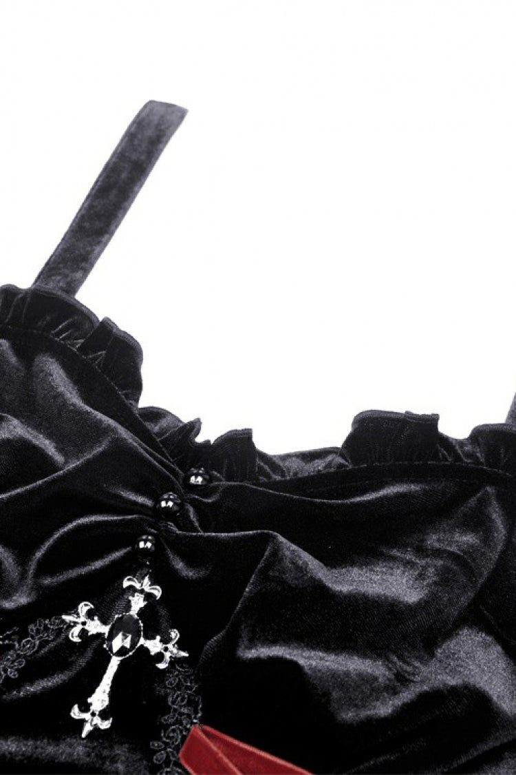 Crimson & Black Cross Lace-Up Velvet Slip Dress