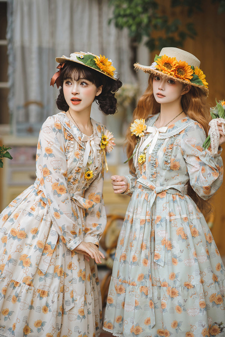 Apricot Sweet Elegant Lolita Dress with Long Sleeves Print Ruffles and Bowknot Accents
