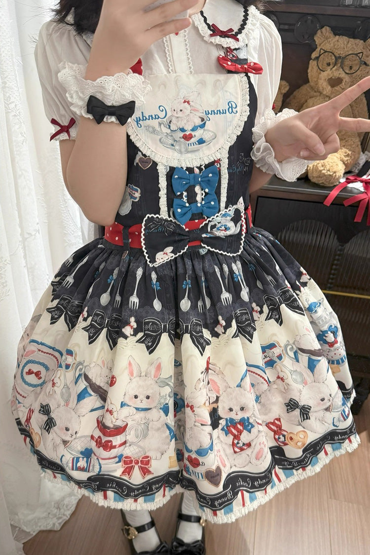 Sleeveless Print Bowknot Lace Sweet Lolita Strap Dress Black