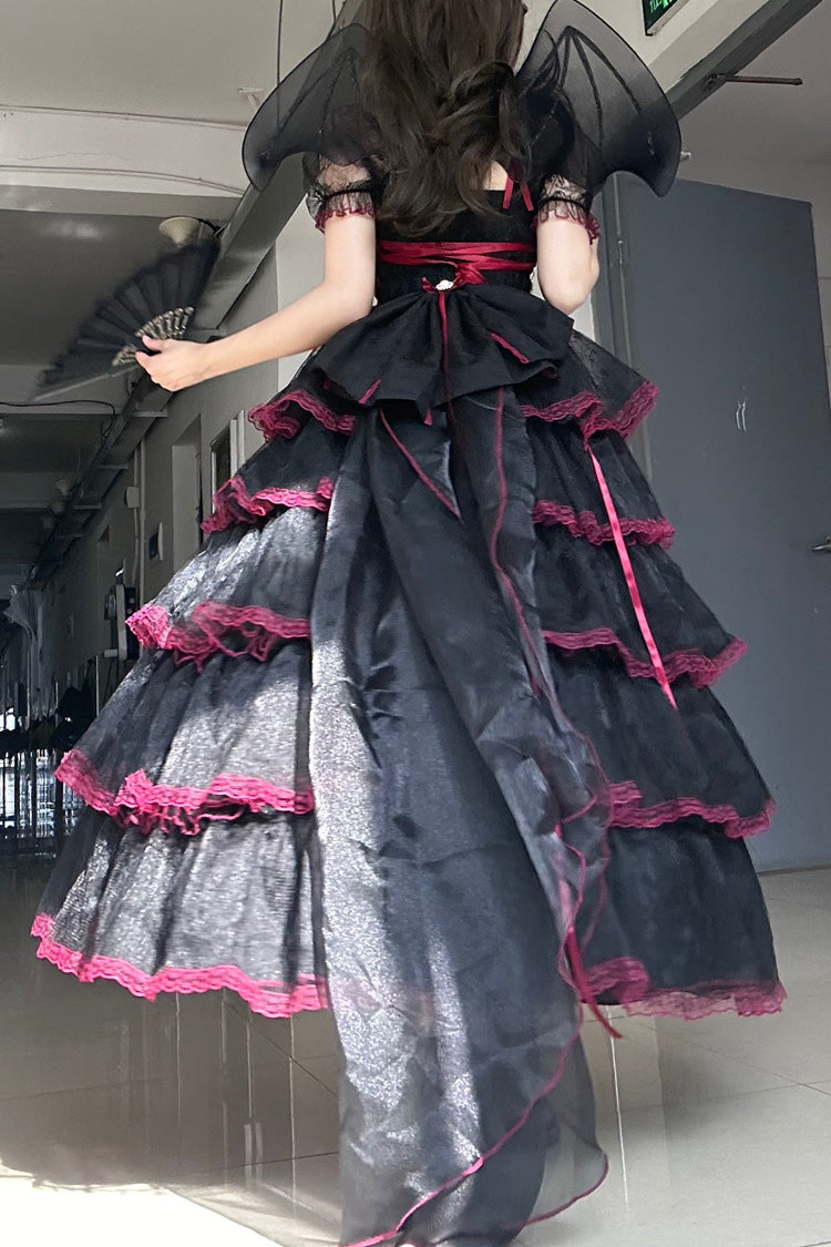 Black/Red Short Sleeves Multi-Layered Ruffled Bow Lace Plus Size Sweet Lolita Dress - Miss Brown