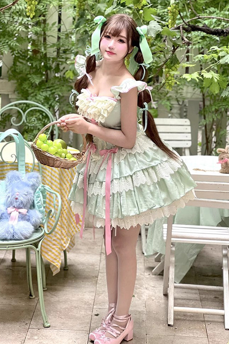 Green Multi-Layered Ruffled Bow Lace Sweet Ballet Lolita Dress