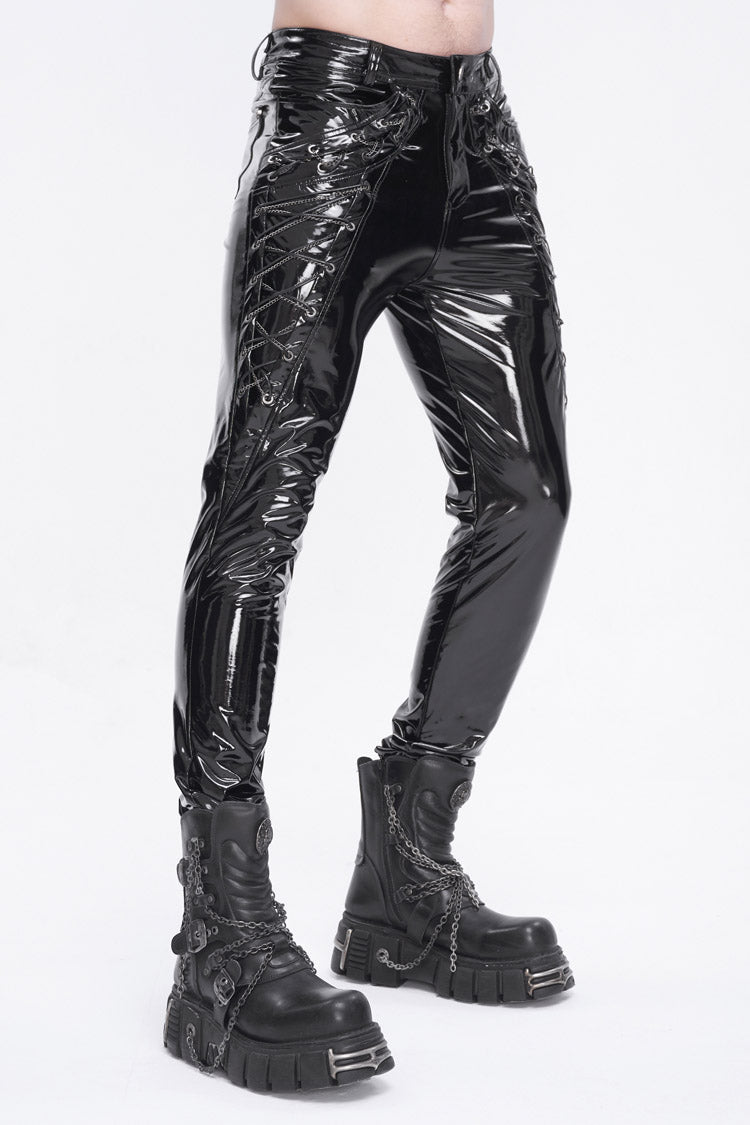 Punk Patent Faux Leather Lace-Up Trousers for Men