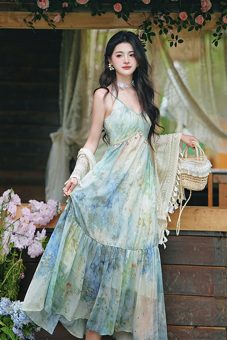 Blue/Green V Collar Sleeveless Classic Lolita JSK Dress Oil Painting Print