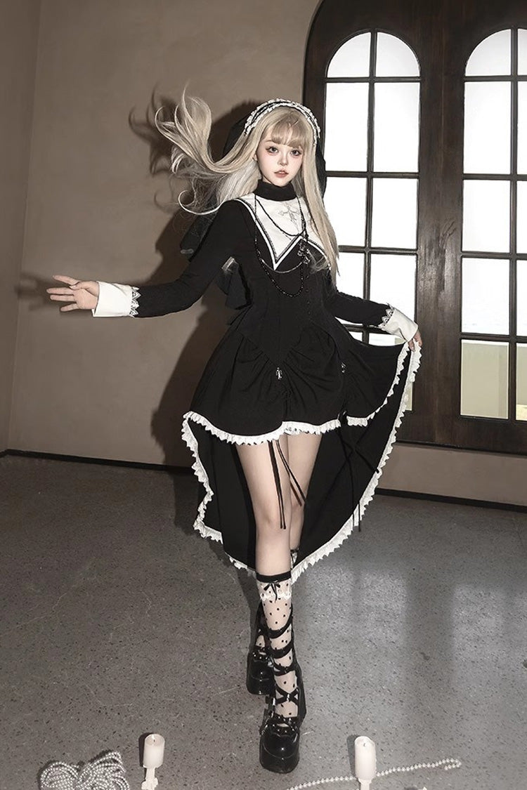 Peace Prayer Asymmetric Ruffle Bow Gothic Lolita Skirt Set