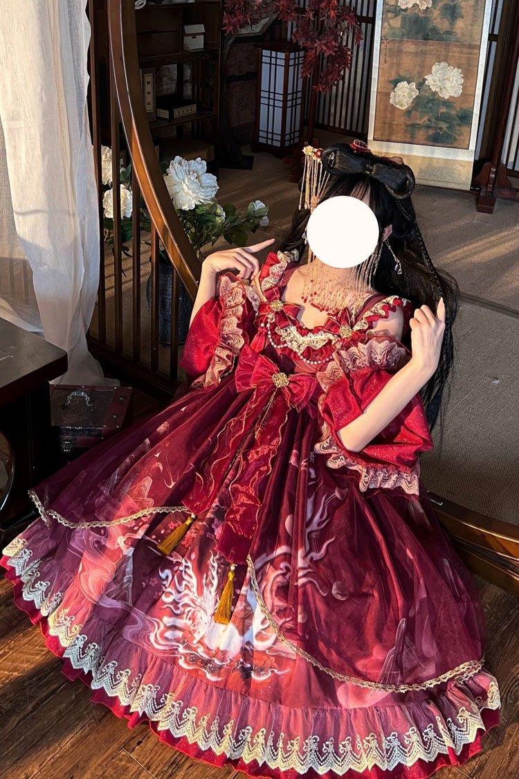 Classic Chinese Princess JSK Dress with Fox Print and Ruffled Bow - Nine-tailed Fox, 2 Tones