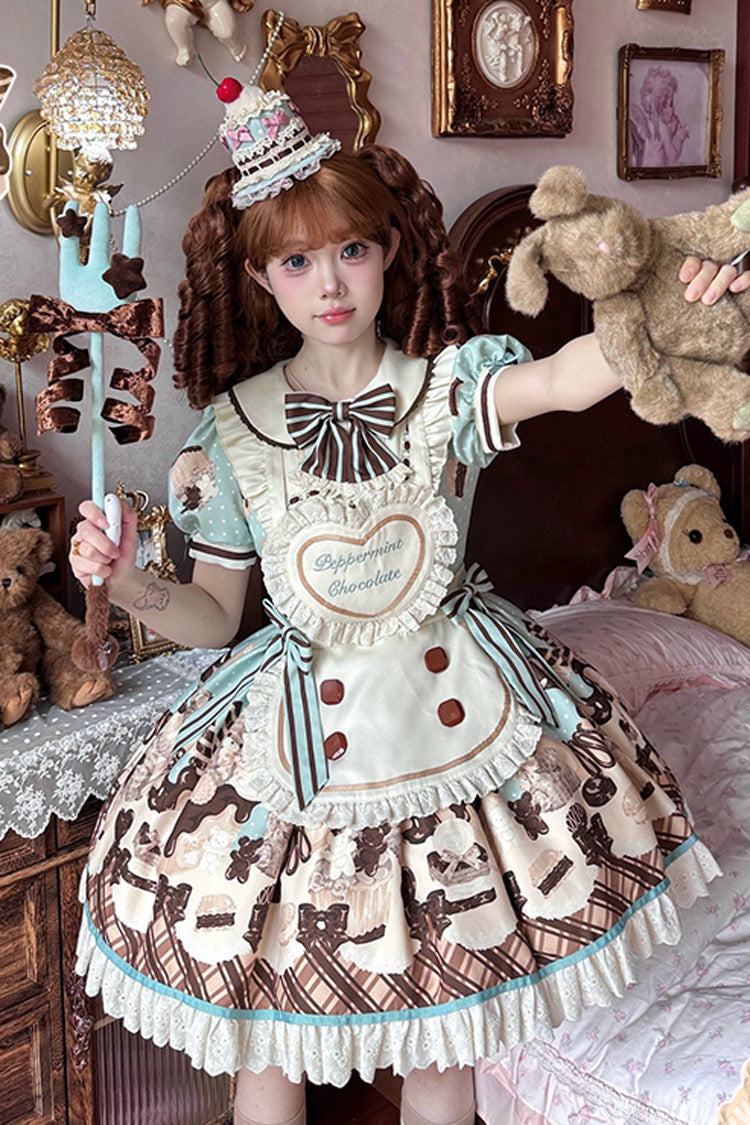Brown Chocolate Cake Bear Print Ruffled Bow Lace-Up Sweet Dress - Peppermint Chocolate