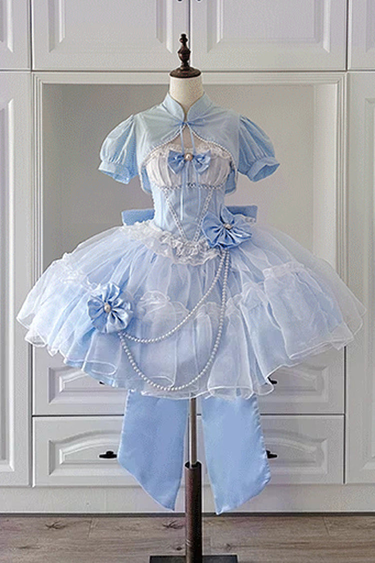 Cerulean and Ivory Porcelain Printed Ruffled Bow Lace Sweet Plus Size Lolita JSK Short Version