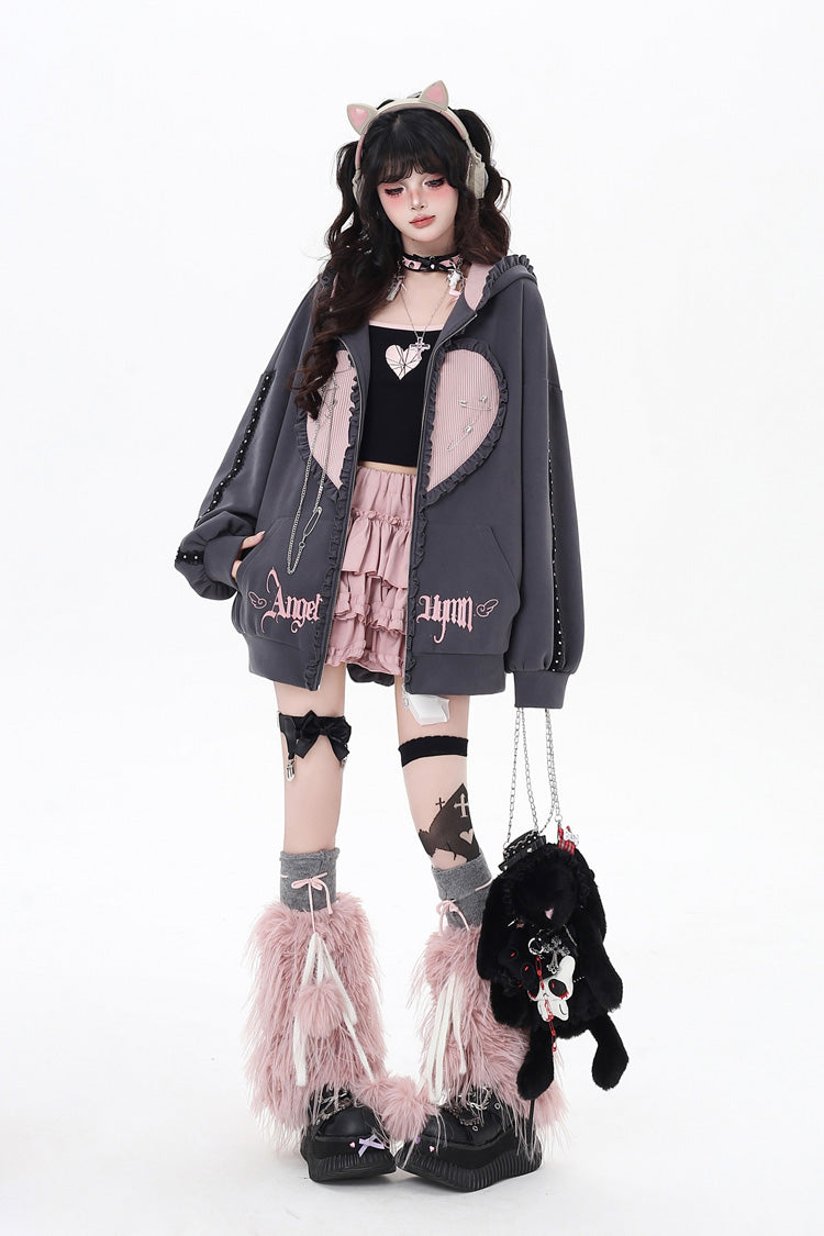 Heart Print Hooded Zipper Coat with Bunny Ears - Striped Bunny Ears