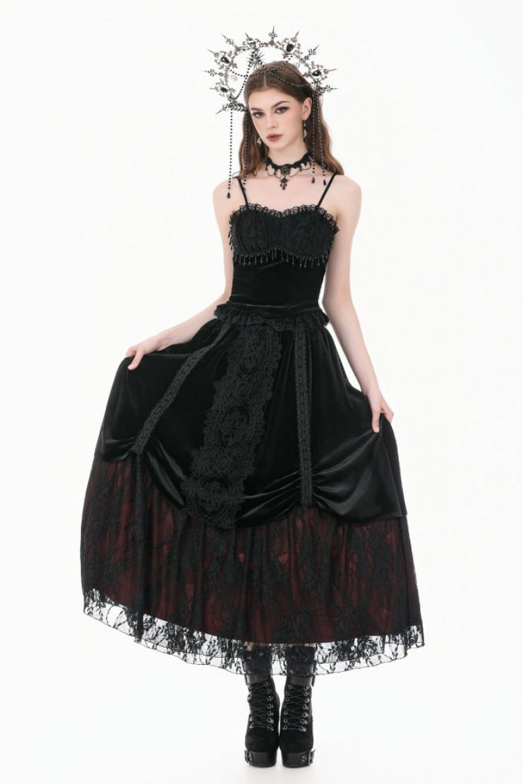 Gothic Vintage Velvet Black Lace Mesh Bustier with Beaded Tassel Drops