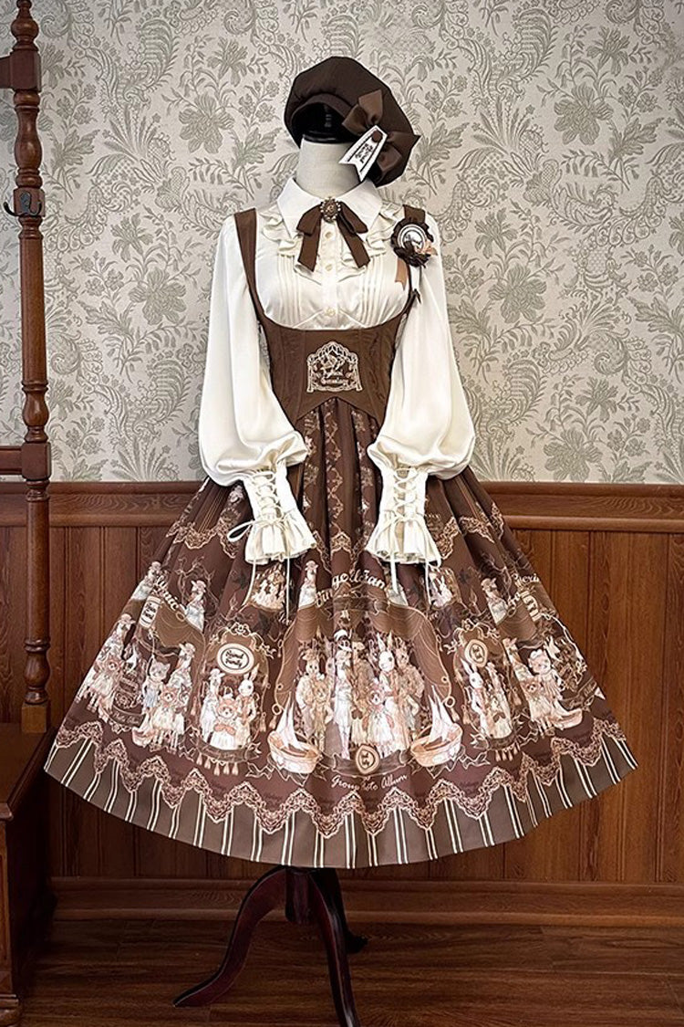 Dollhouse Print Long JSK Dress with Embroidery and Ruffles