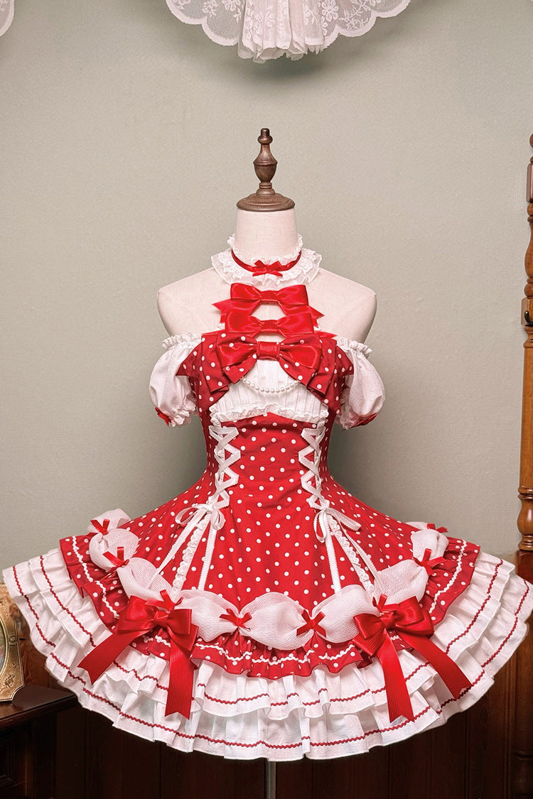 Wine Red Halterneck Short Sleeve Triple-Layered Polka Dot Bow Lace-Up Sweet Dress