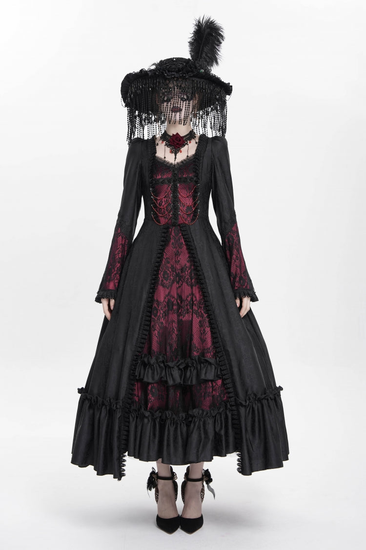 Scarlet Embroidered Lace-Up Pleated Gothic Dress