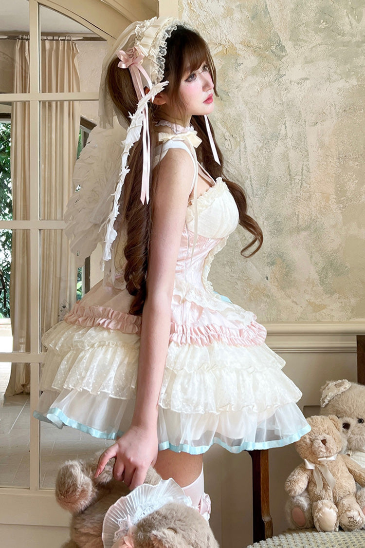 Pink Multi-Layered Ruffled Bow Lace Ballet Sweet Lolita Dress