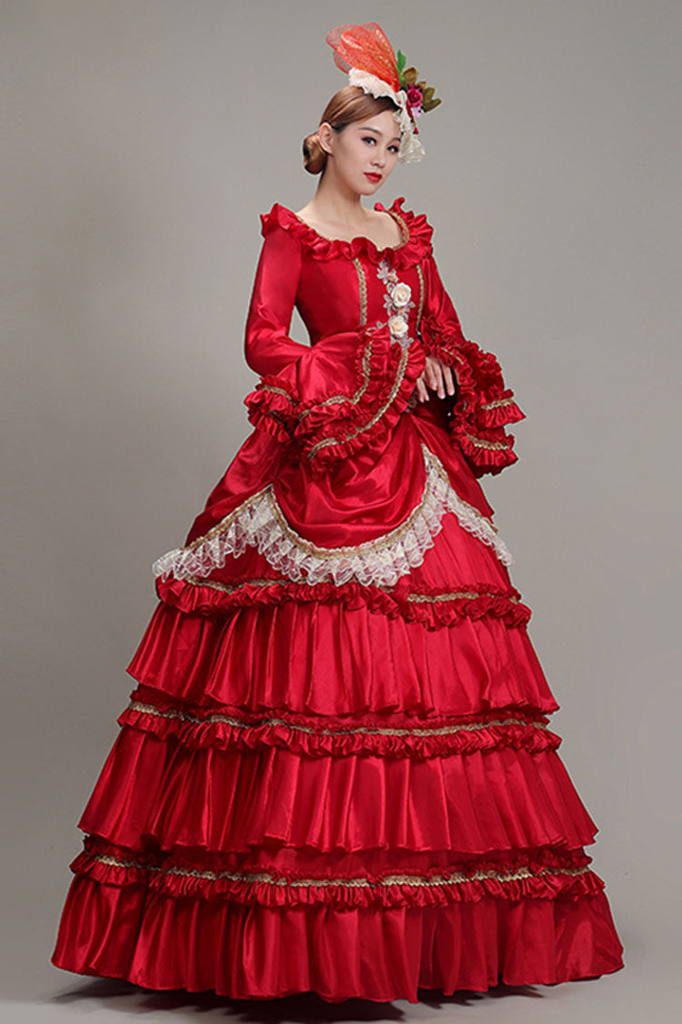 Crimson Victorian Lolita Tiered Prom Dress with Ruffled High Waist
