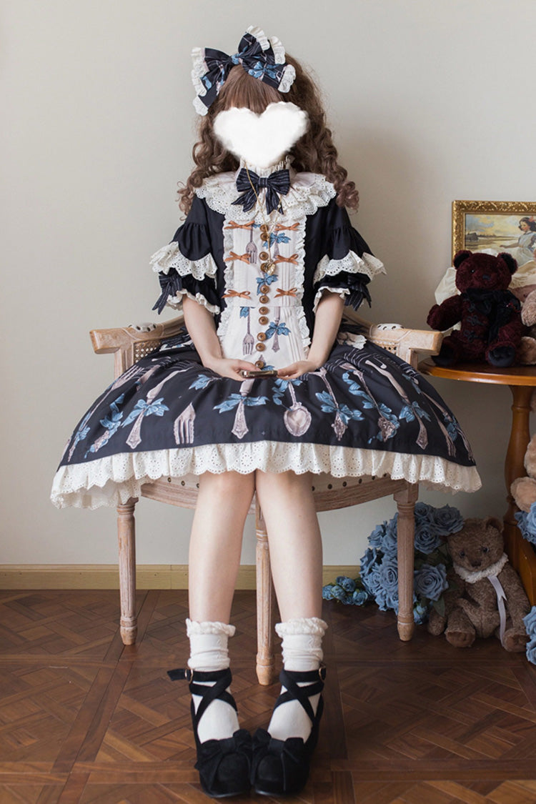 Navy Witch's Banquet Round-Collar Short-Sleeve Printed Ruffled Embroidered Bow Lace Sweet Lolita JSK