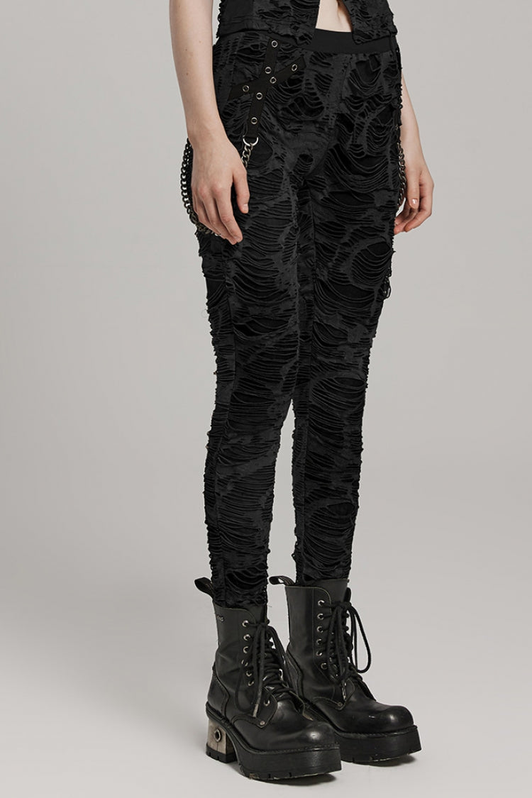 Tailored Distressed Eyelet Chain Steampunk Leggings for Women