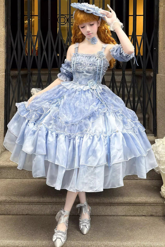 Goodnight Camellia Sleeveless Ombre Multi-Tiered Printed Ruffled Lace Fishbone Sweet Lolita Jumper Dress Three Colors